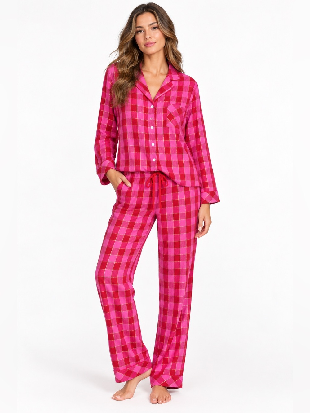 Victoria’s Secret Pajama Set Plaid Metallic Thread Pink Red Cotton blend NWT XL